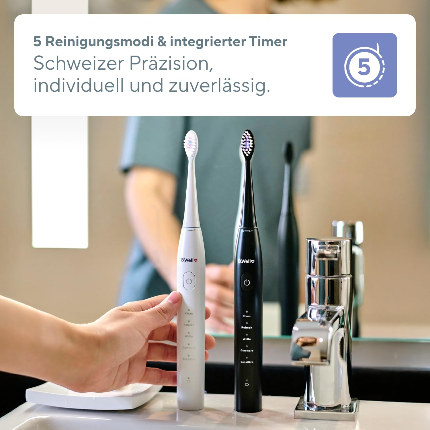 B.Well Swiss Elektrische Schallzahnbürste PRO-850, Zahnbürste mit 5 Betriebsmodi, 2 Monaten Akkulaufzeit und Timer, Inkl. 2 verschiedenfarbiger Bürstenköpfe mit DuPont-Premium-Borsten, Schwarz