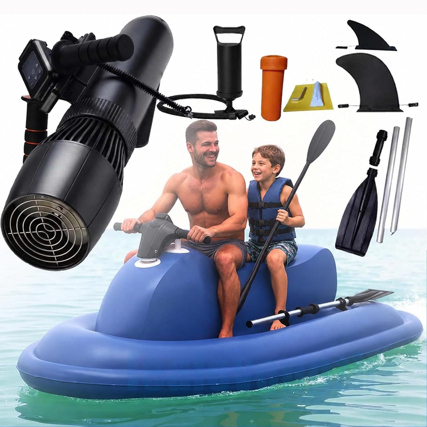 MLYYYDSS Inflatable Jet Boat -Inflatable Jet ski with Motor, 500-Watt Electric Underwater Propulsion, Dual-Fin Safety Design, 9-Speed Control (3-7km/h Max) & 130Min Runtime 10A