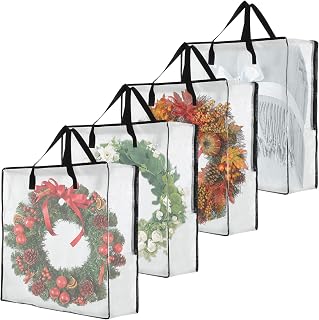 Grevosea 4 Pack Wreath Storage Bag, 26" 90 L Clear Storage Bags Moving Bags with Zipper and Handles Blanket Bag Moving and Packing Supplies for College Wreath Garland Bedding Underbed Square