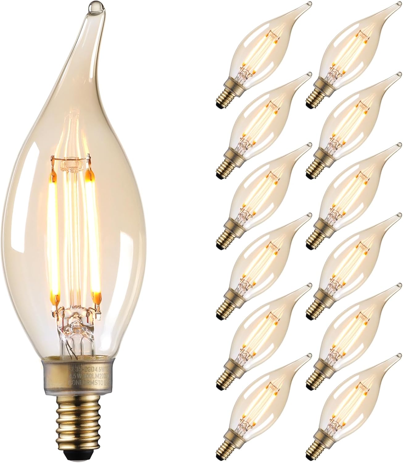 TORCHSTAR 12-Pack Dimmable E12 LED Candelabra Bulb, FCC&ETL Listed, 60W Equivalent Chandelier Light Bulbs, 500LM, LED Filament Flame Tip Bulb CA11, Clear Glass Ceiling Fan Light Bulb, 2700K Soft White