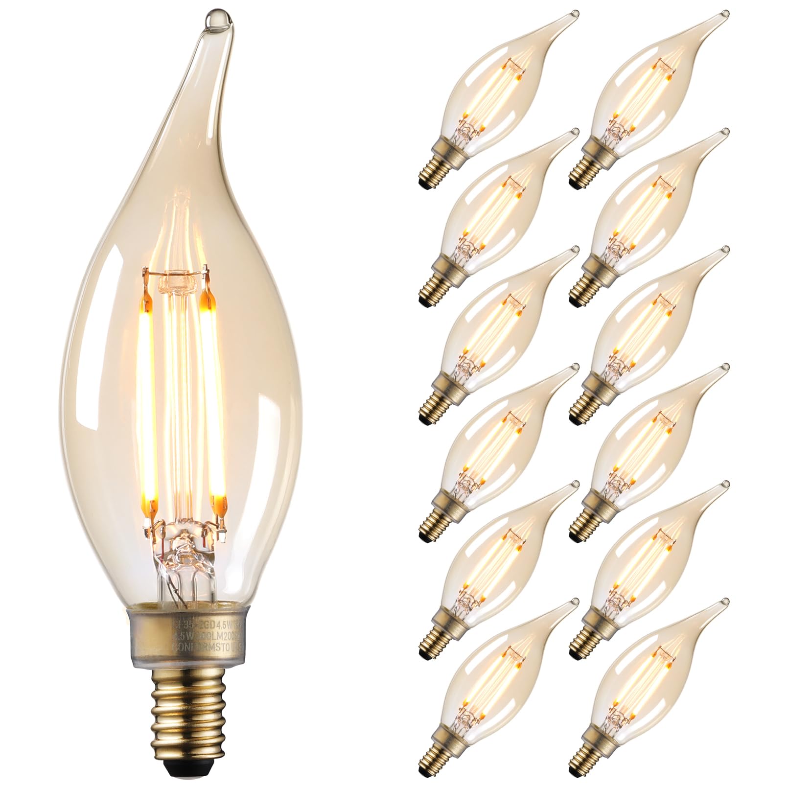 TORCHSTAR 12-Pack Dimmable E12 LED Candelabra Bulb, FCC&ETL Listed, 40W Equivalent Chandelier Light Bulbs, 300LM, LED Filament Flame Tip Bulb CA11,