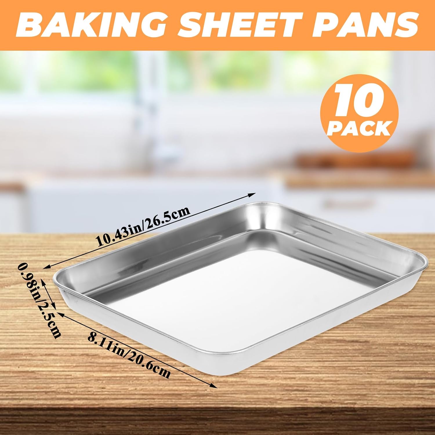 LANIAKEA 10 Pack Small Stainless Steel Baking Sheets, 10.4 x 8 x 1 Inch Toaster Oven Baking Pans, Cookie Sheets and Serving Trays, Heavy Duty and Easy to Clean