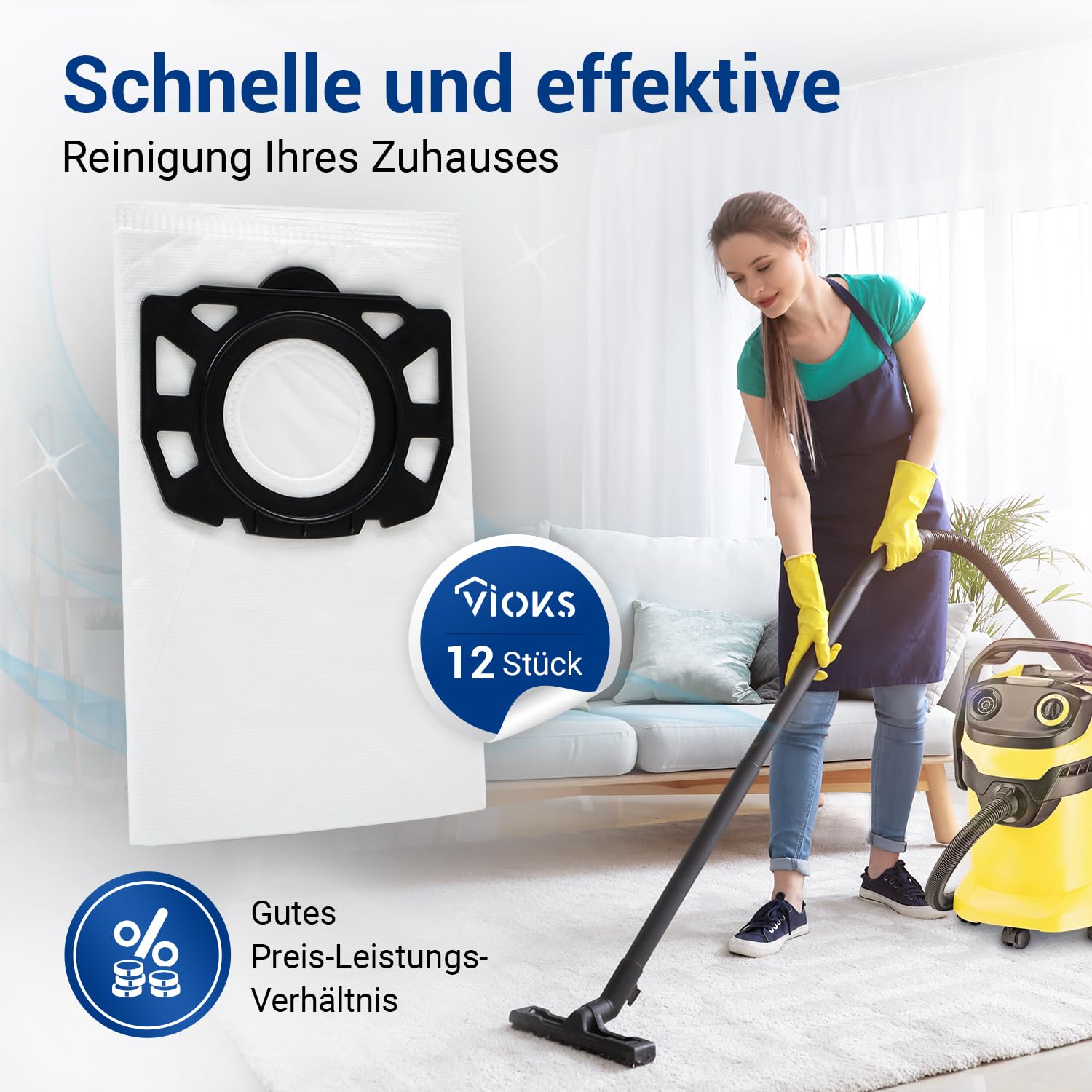 VIOKS Lot de 10 sacs d'aspirateur de rechange pour Kärcher 2.863-006.0 - Sacs d'aspirateur en non-tissé pour Kärcher WD4, Kärcher WD5, Kärcher WD6 - Accessoires pour aspirateur sec et humide Kärcher