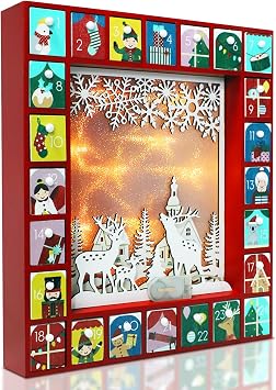 MorTime LED 24 Day Advent Calendar Decorated with 24 Storage Drawers, Red Wooden Countdown to Christmas Calendar