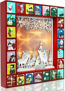 MorTime LED 24 Day Advent Calendar Decorated with 24 Storage Drawers, Red Wooden Countdown to Christmas Calendar