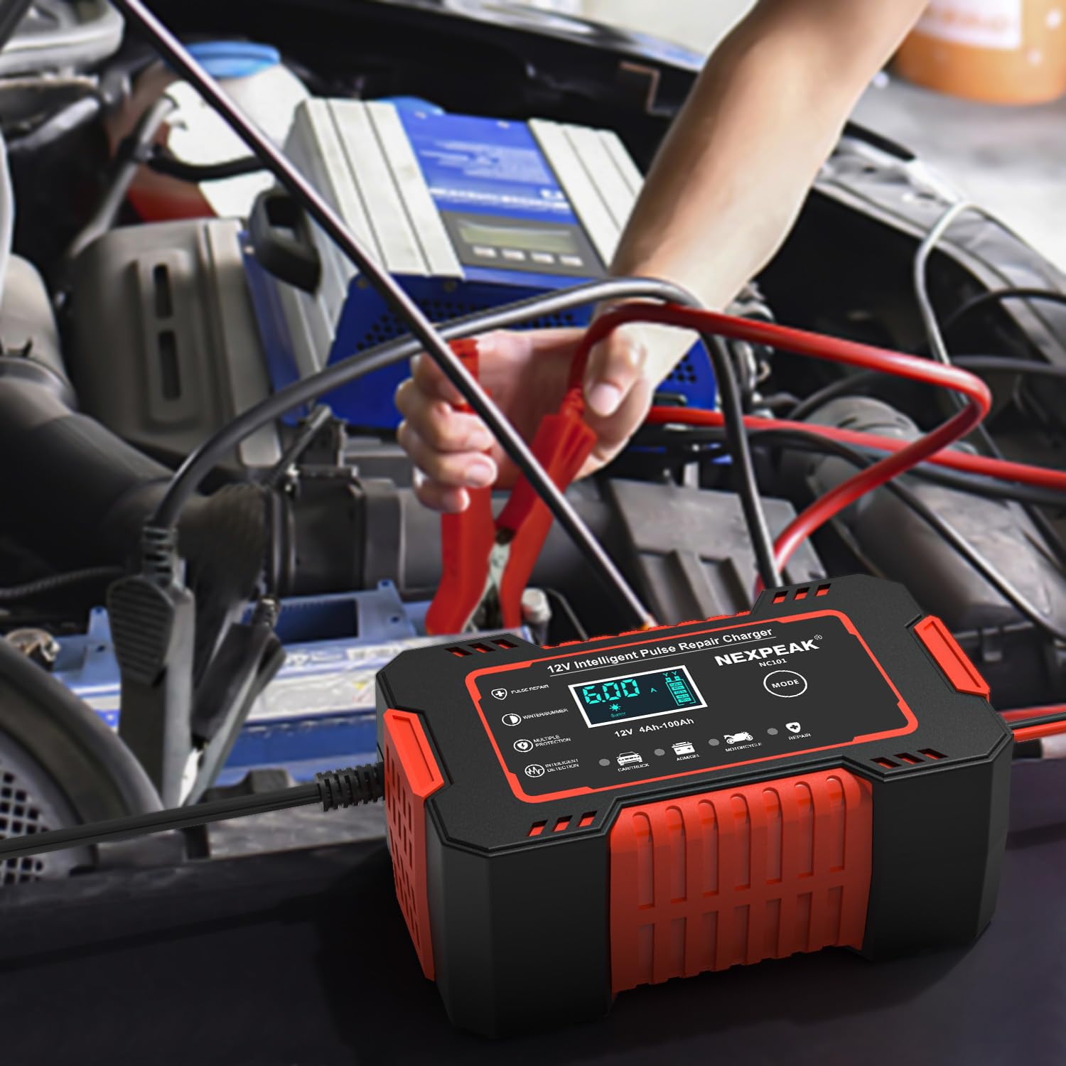 NEXPEAK 6 A Ladegerät für Autobatterie, 6 A, 12 V, intelligentes Ladegerät, Motorrad, automatische Reparaturfunktion, tragbar, Akku-Ladegeräte für Auto, Motorrad, LKW, AGM, Gel, Wet, SLA (rot)