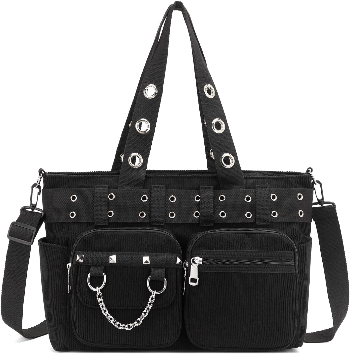 Tote Bag for Women, Corduroy Gothic Purse Goth Bag with Zipper for College, Work, Travel, Gym