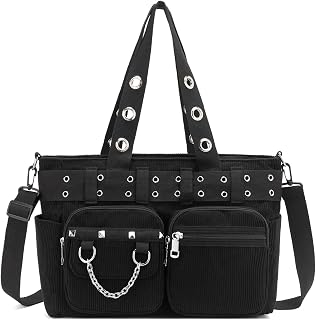 Tote Bag for Women, Corduroy Gothic Purse Goth Bag with Zipper for College, Work, Travel, Gym