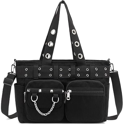 Tote Bag for Women, Corduroy Gothic Purse Goth Bag with Zipper for College, Work, Travel, Gym