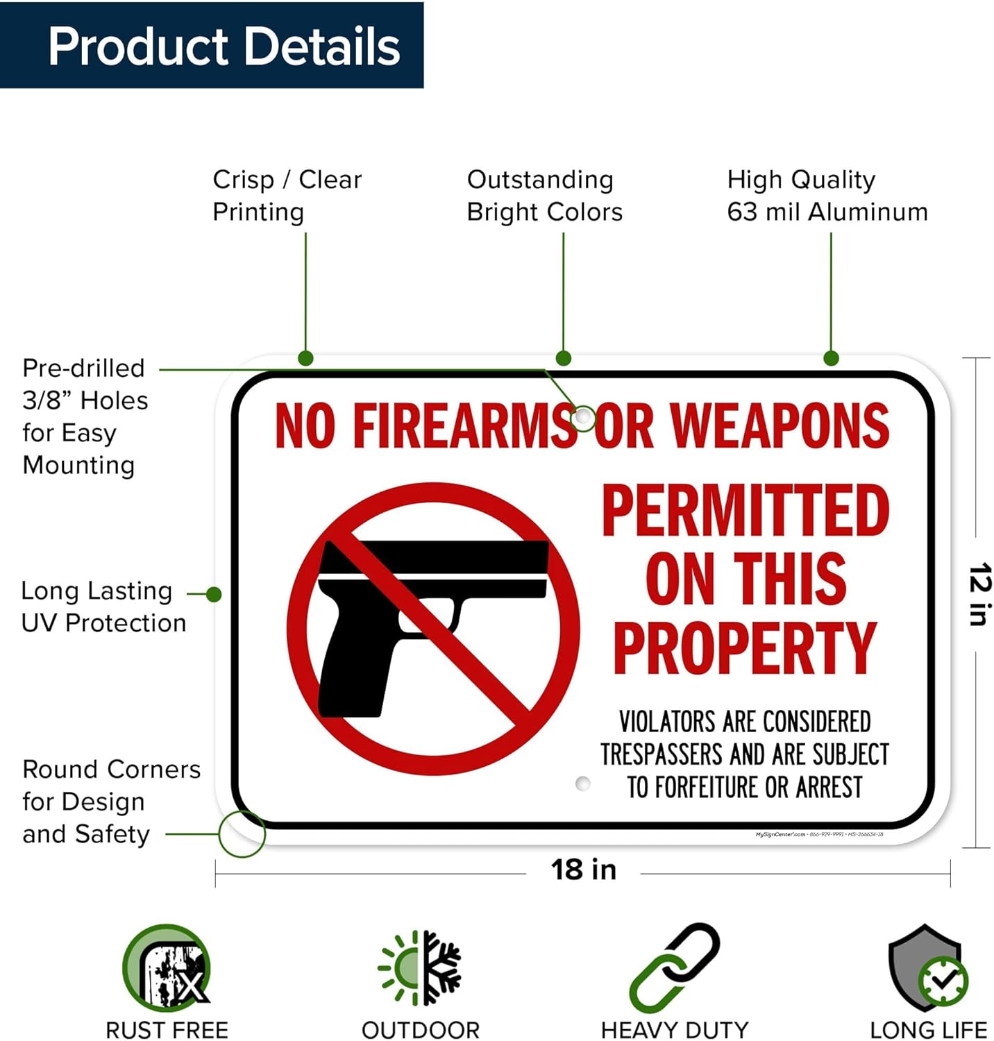 No Firearms Or Weapons Permitted Sign, 12x18 Inches, Rust Free .063 Aluminum, Fade Resistant, Made in USA by My Sign Center