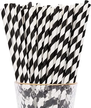 YAOSHENG Paper Straws for drinking, 100 Pack Black Striped paper straws for Party Supplies,Birthday,Wedding,Bridal/Baby Shower,Juice, shakes,Smoothies,cocktail Black