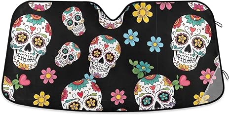 Windshield Sun Shade Colorful Sugar Skulls, Foldable Front Window Cover, Car Reflector Sun Shade - 53×23.5 Inches