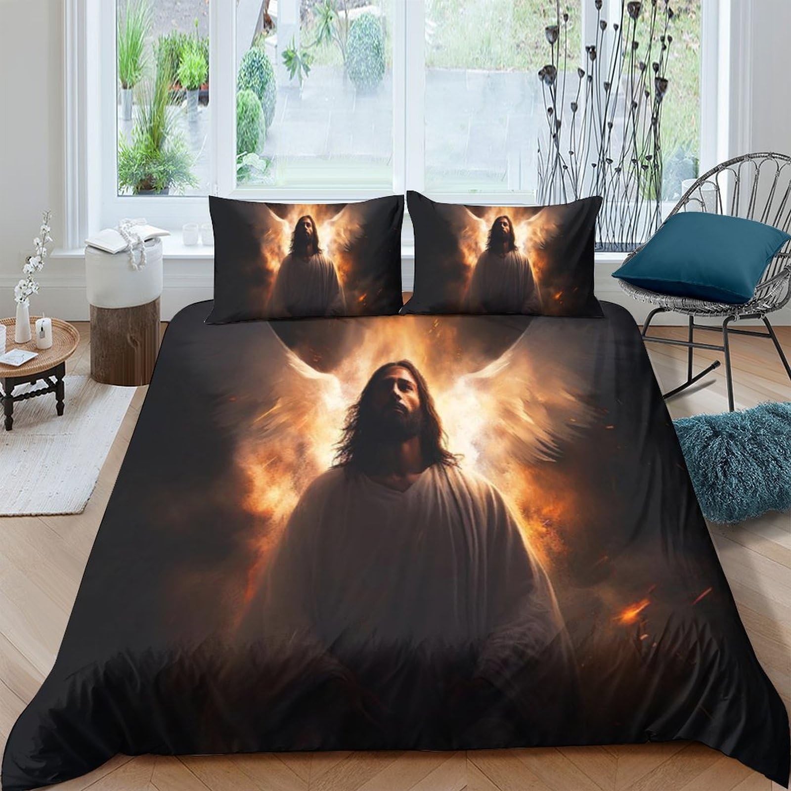 Ctjqhvkz Style-1 3D Printed Angel Light Fitted Sheet Microfiber Dark Spiritual Jesus Bed Cover For Bedroom Guest Room Decor Single（135X200cm）