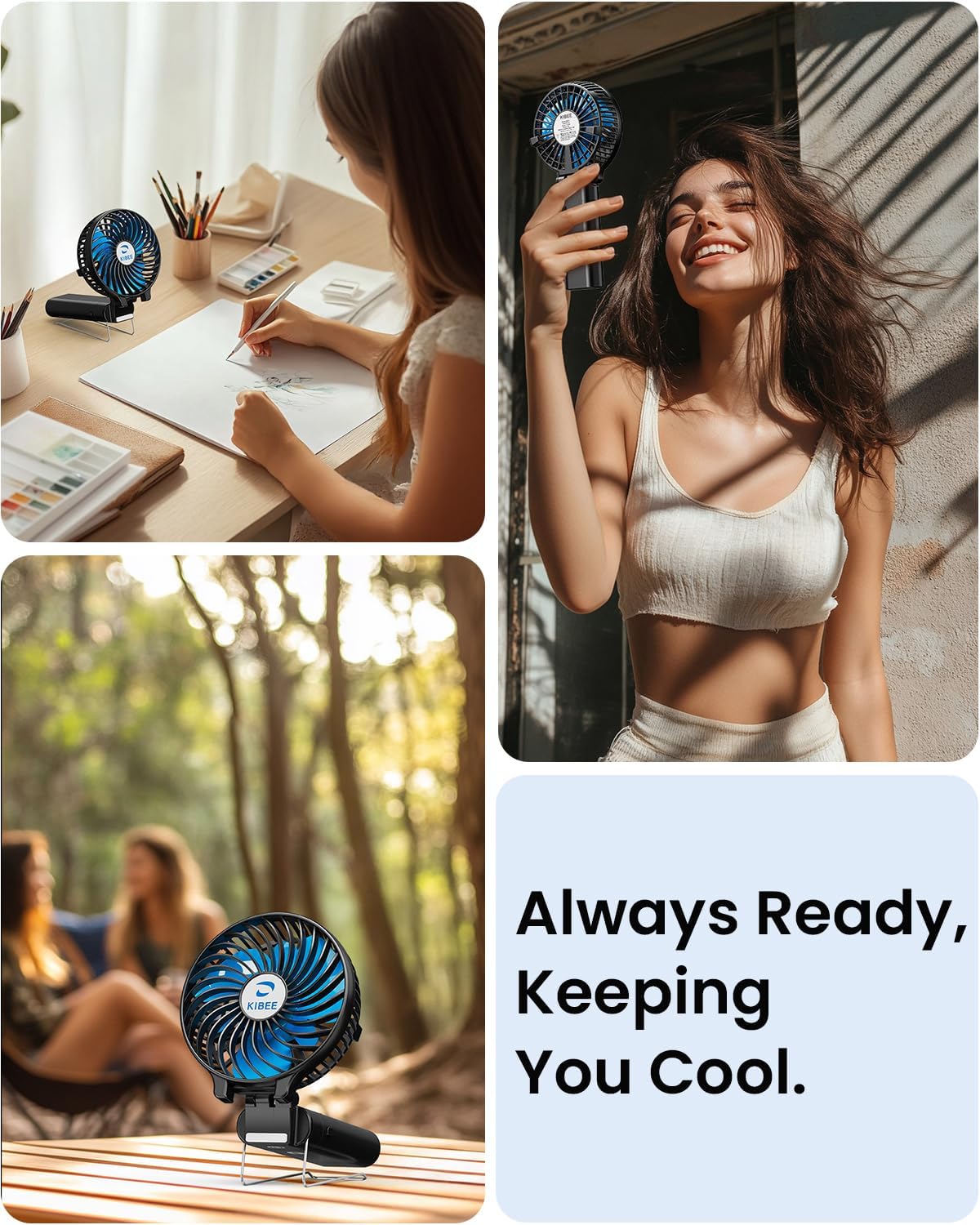 KIBEE Portable Handheld Fan - 5200mAh USB Rechargeable [20H Max Runtime], Foldable 180° Mini Personal Fan, 3-Speed with Stand for Travel/Outdoor/Makeup/Concerts (Black)