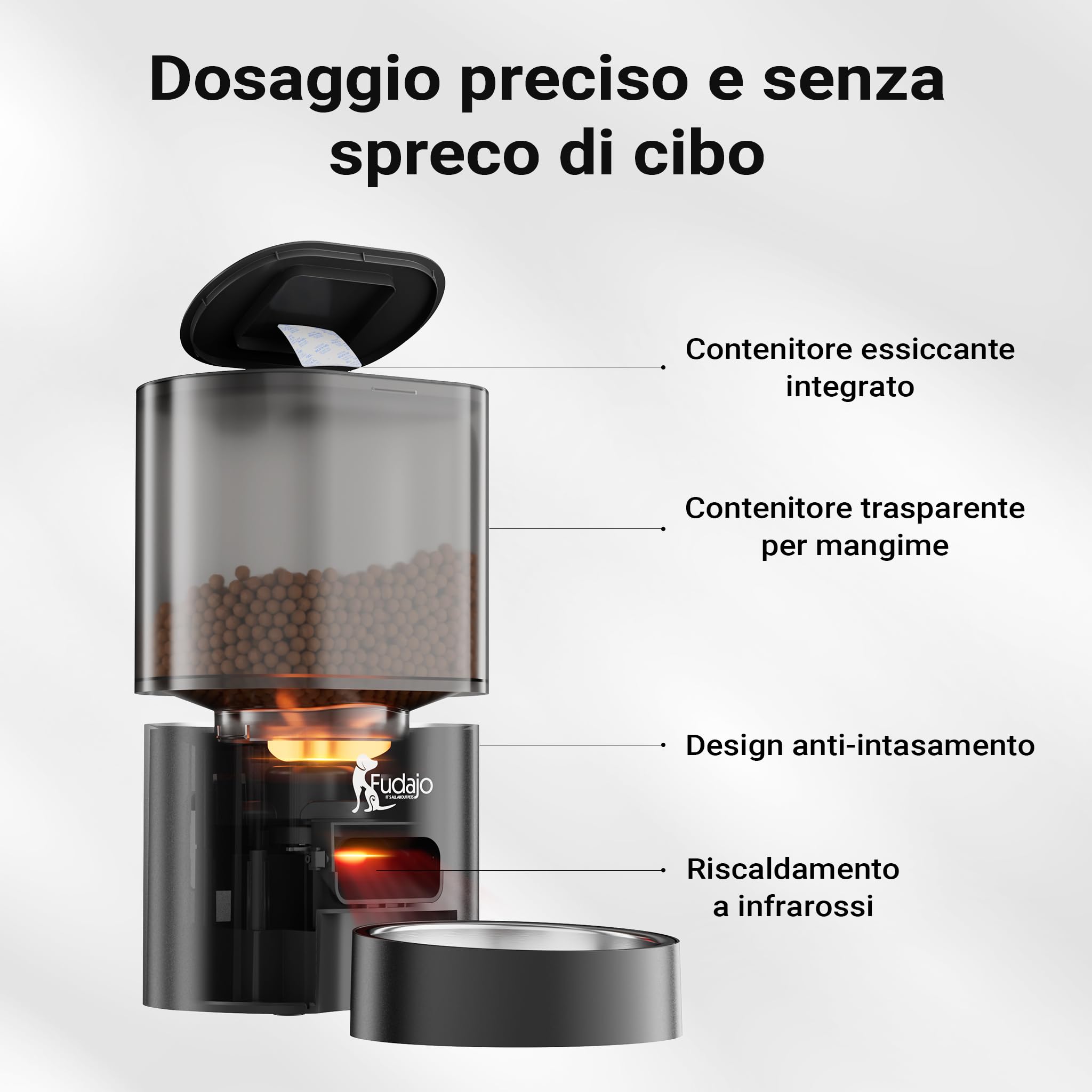 Fudajo Mangiatoia e abbeveratoio automatico per cani e gatti, distributore automatico di cibo da 3 litri e abbeveratoio da 2,5 litri, controllo mangime via app, colore nero