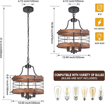 Farmhouse Wood Chandelier Vintage Ceiling Light, Modern Metal & Wooden Circular 3 Lights, Rustic Drum Hanging Chandelier with Adjustable Chain Light Fixtures for Dining Room Entryway Foyer(Black)