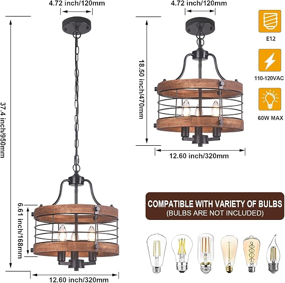 Farmhouse Wood Chandelier Vintage Ceiling Light, Modern Metal & Wooden Circular 3 Lights, Rustic Drum Hanging Chandelier with Adjustable Chain Light Fixtures for Dining Room Entryway Foyer(Black)