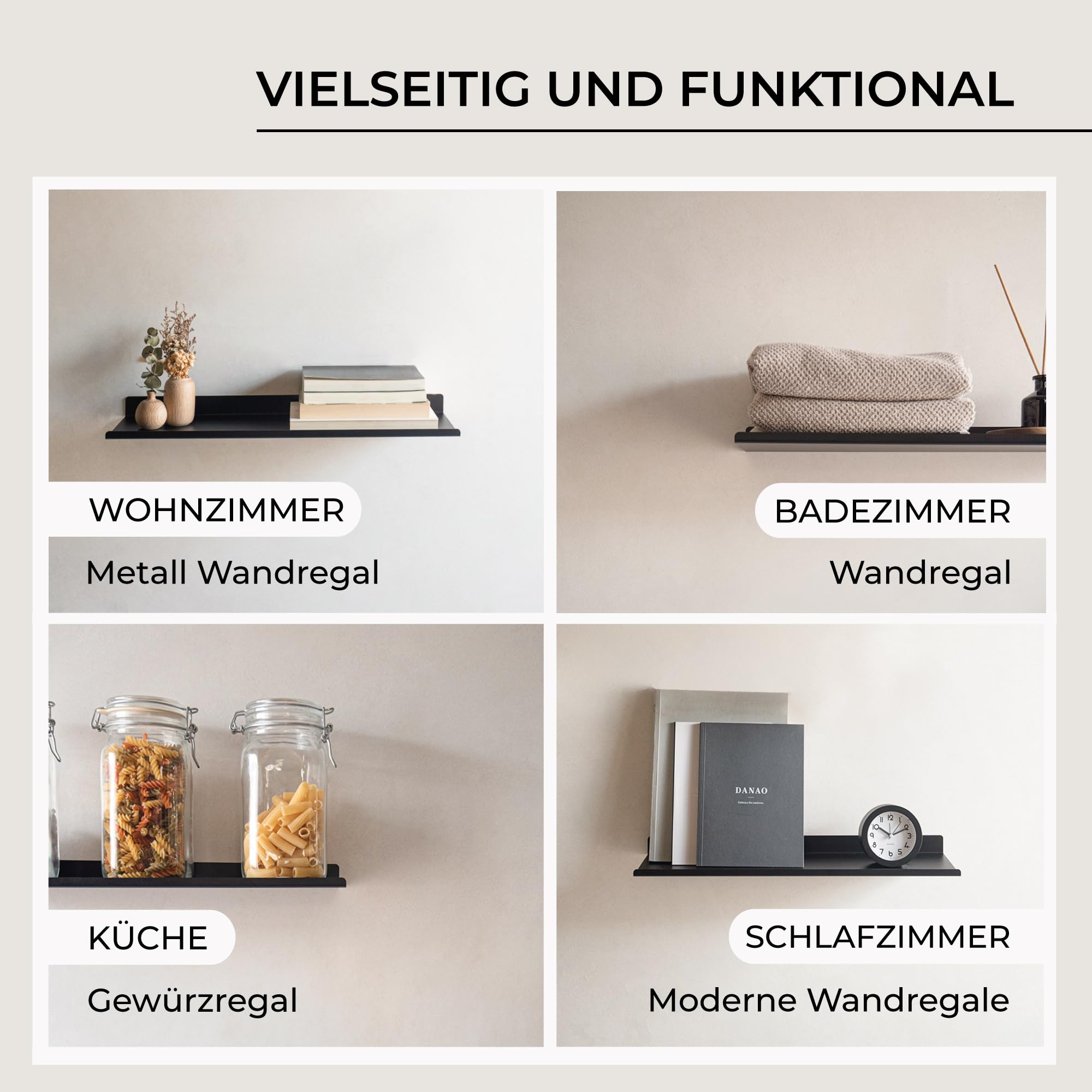 MILUKA Wandregal Schwarz aus Metall 50 cm, 2er Set, schwebend & stabil | 15 cm Tiefe, Schweberegal modular, Badregal & Küchenregal, Hängeregal für Bücher, Organisation & Deko, Made in Spain