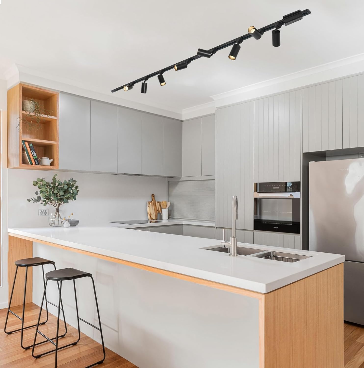 12-Light LED Track Lighting Kit with 13.2FT H Type Track Lighting Rails and Floating Canopy Connector, Modern Kitchen GU10 Track Lighting Fixtures Ceiling Spot Light, Black (No Bulbs)