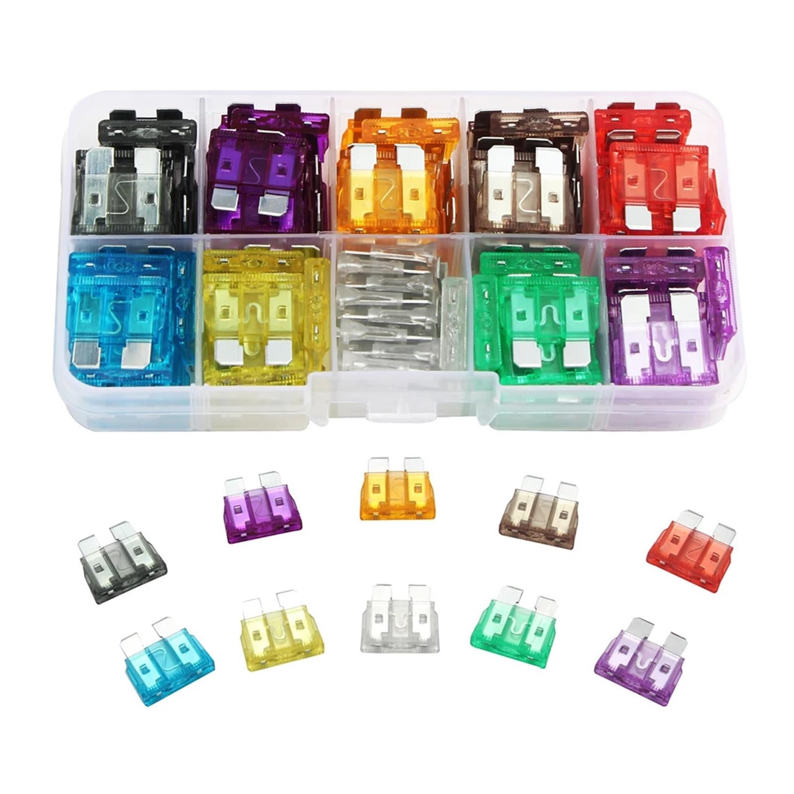 Juego de fusibles tipo cuchilla de 100 Uds., 2A, 3A, 5A, 7,5A, 10A, 10 tipos, surtido de coche con caja, Kit surtido de tipo cuchilla