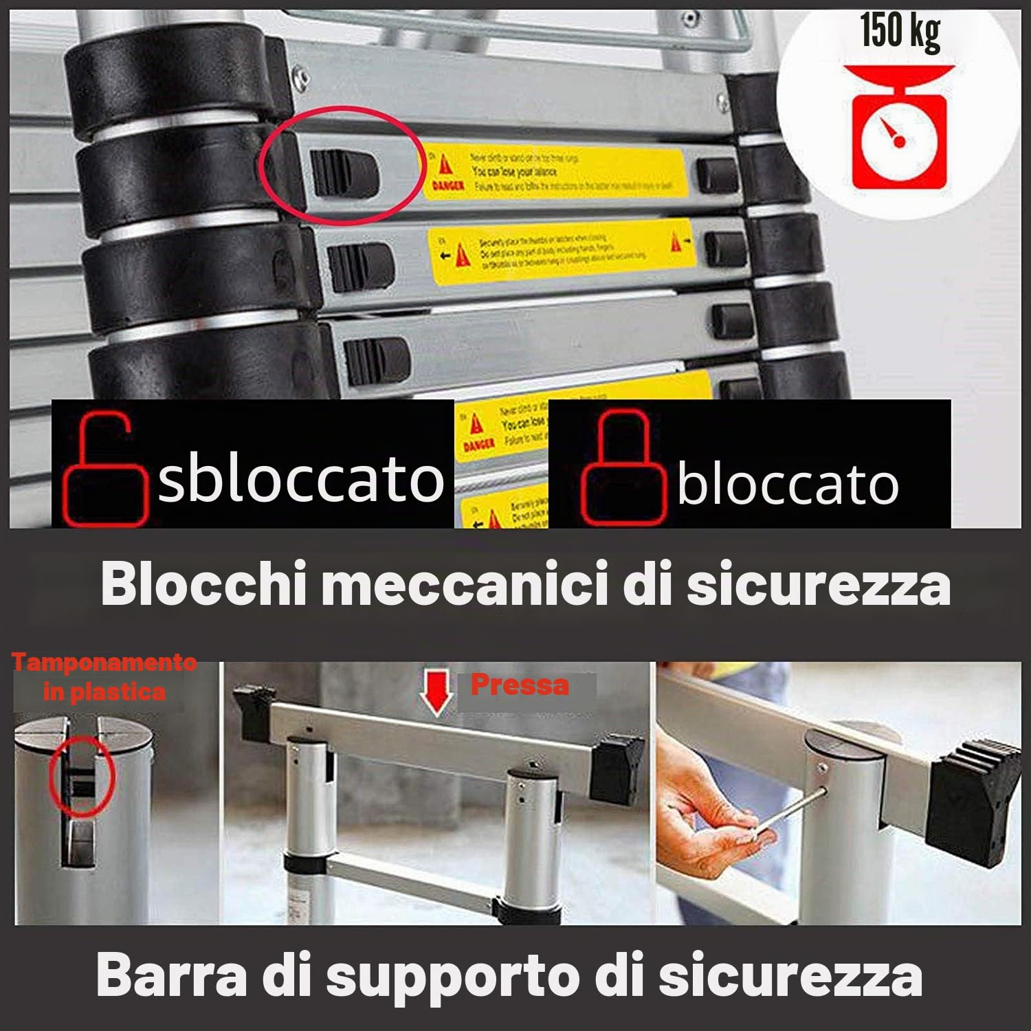 Nictemaw Scala pieghevole multiuso 2 in 1, scala telescopica da 5 m, in alluminio, portata 150 kg, 16 pioli