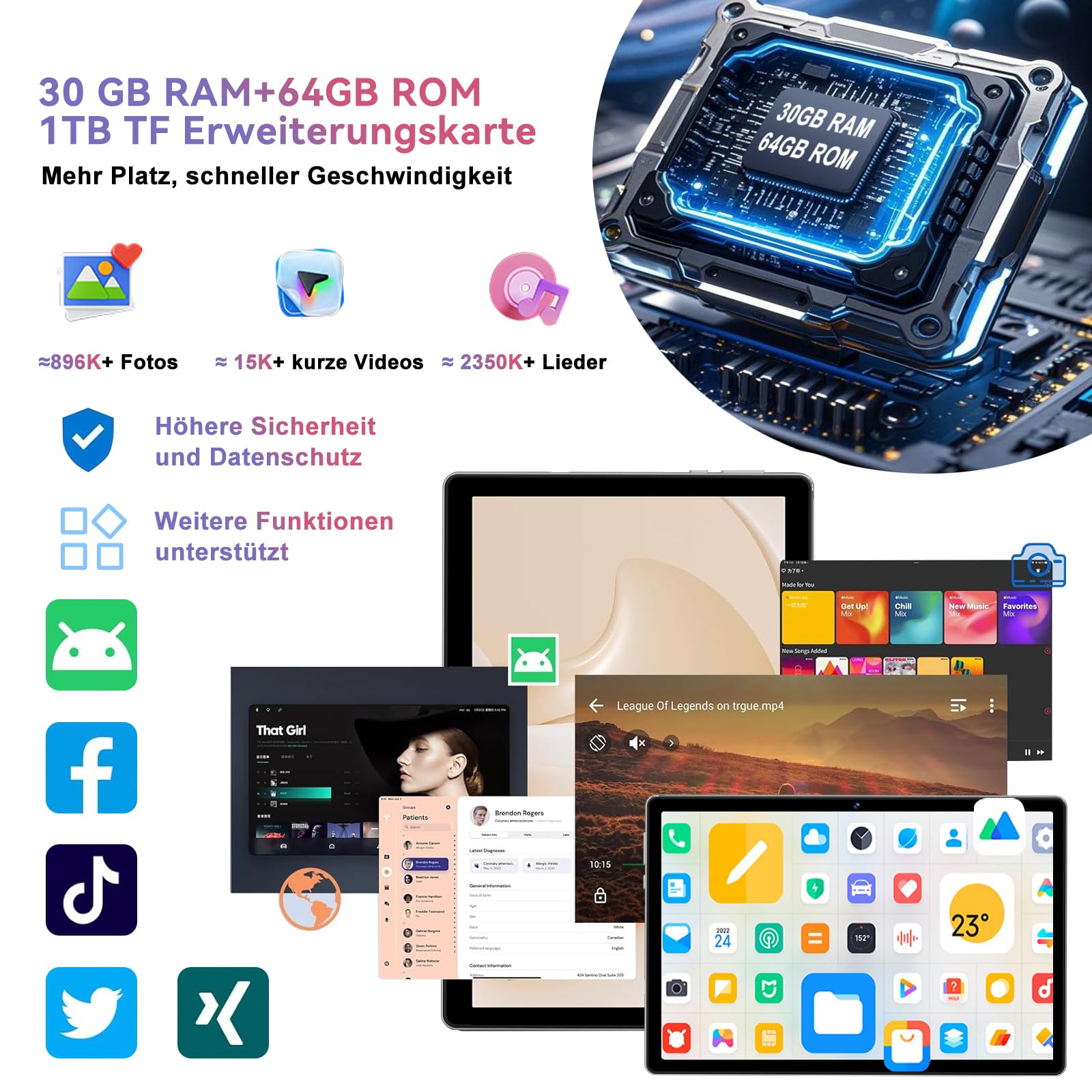 fezawio Android 15 Tablet 10 Zoll Gemini AI, Tablet PC Octa-Core, 30 GB RAM + 64 GB ROM (1TB TF), 3.5mm Audio/GMS/WiFi 6 & BT 5.0 / 6000mAh / GPS/Widevine L1, Maus, Tastatur, Lederhülle,schwarz