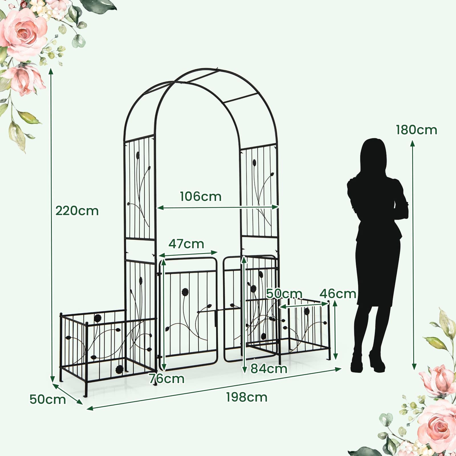 Arco da giardino con cancello, con telaio per piante, 198 x 220 x 50 cm | Arco da giardino in metallo stabile, traliccio per piante rampicanti, arco per matrimoni e decorazioni da giardino