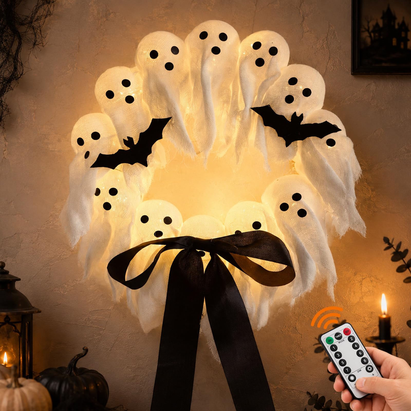 Halloween Wreath, 12 Ghost Heads Light Up Ghost Wreath with Remote Control, Halloween Decorations Outdoor Indoor for Front Door Porch Window Wall, 35cm