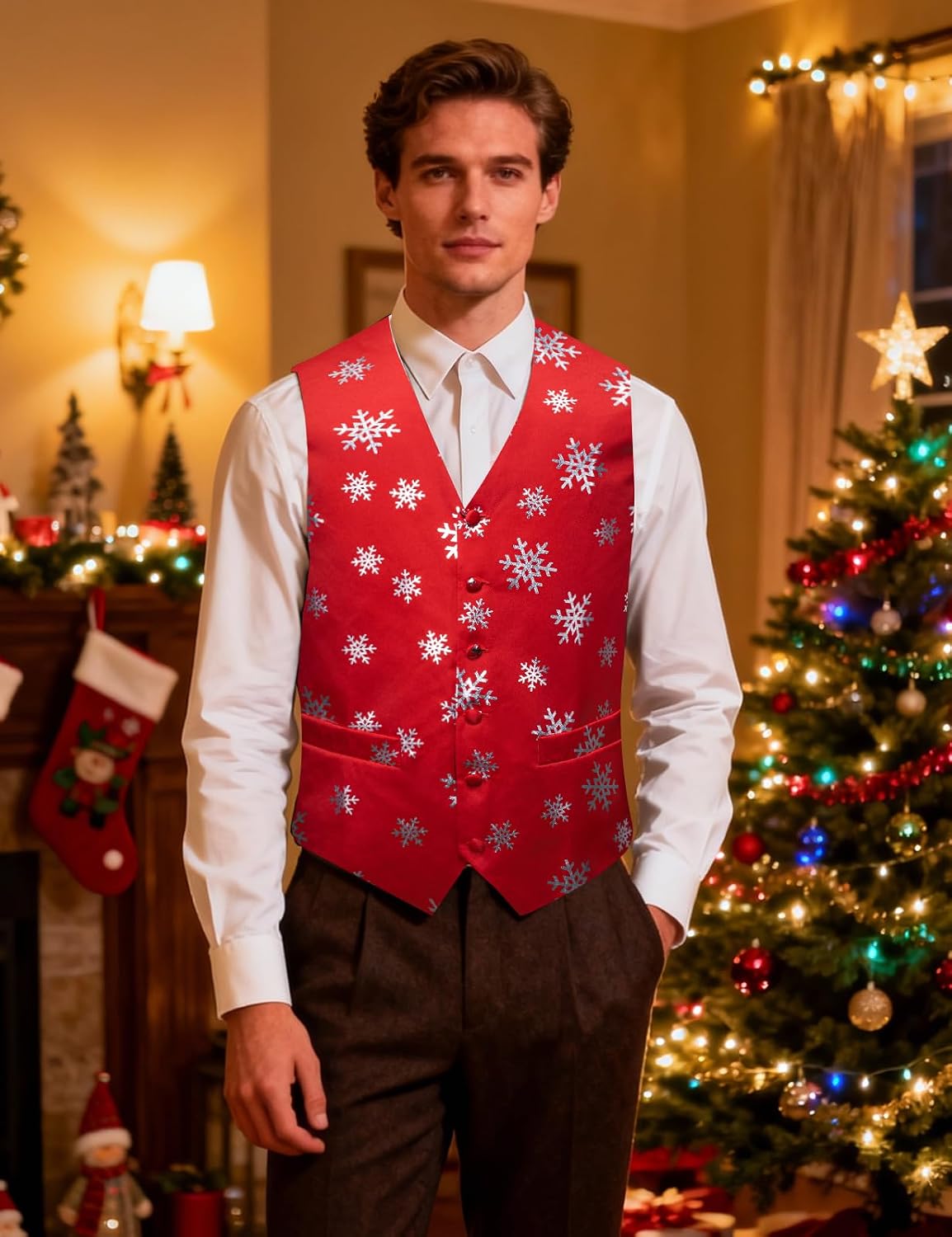 DiBanGu Christmas Suit Vest for Men Fun Snowflake Waistcoat Bow Tie Pocket Square Cufflinks Set Festival Party Gifts