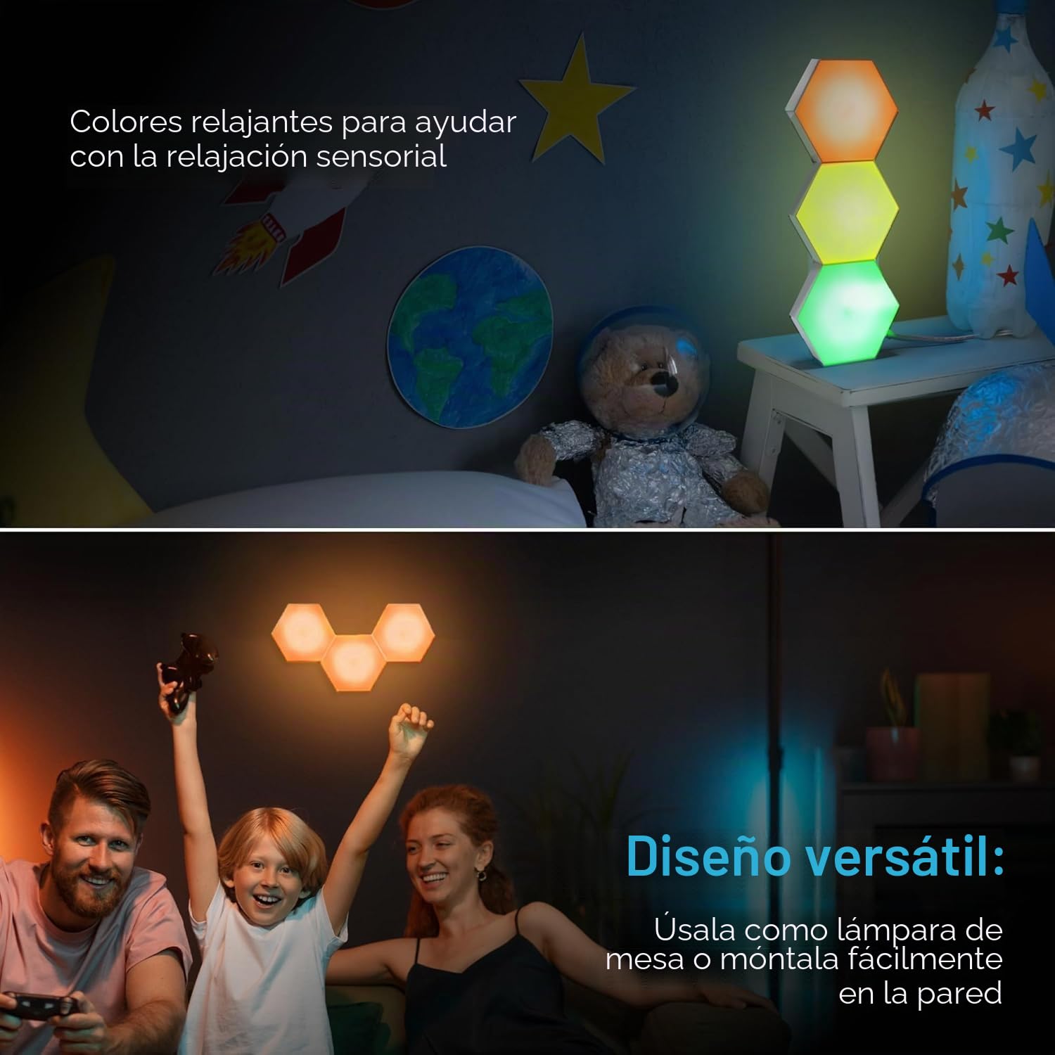 Emberela HEXlights - Luces sensoriales para niños, 3 unidades hexagonales táctiles, azulejos de luz controlados a distancia, luces de pared