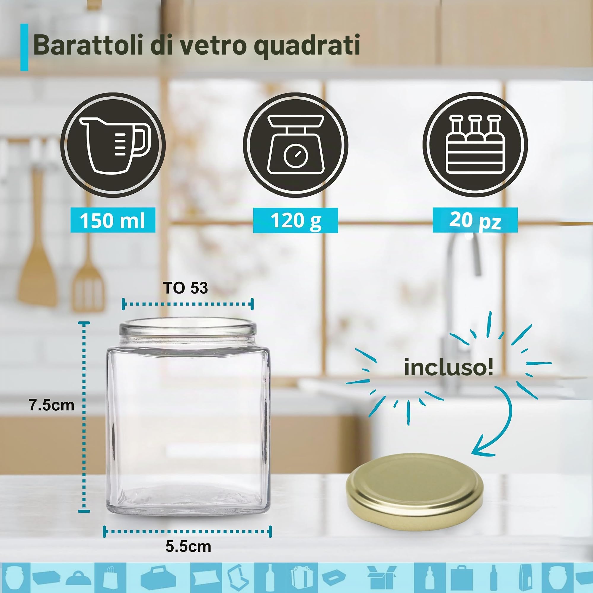 Espirito Rebelde 20 vasetti di vetro quadrati per spezie, 150 ml, con coperchio, barattoli portaoggetti da cucina, spezie, marmellata, yogurt