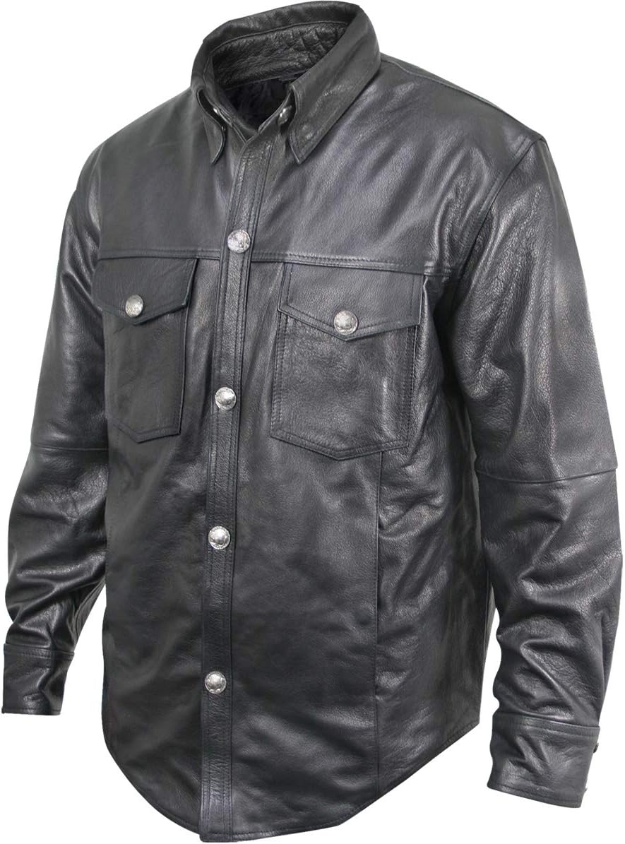 Xelement XS908B Men's 'Nickel' Black Casual Leather Shirt with Vintage Buffalo Buttons - 2X-Large