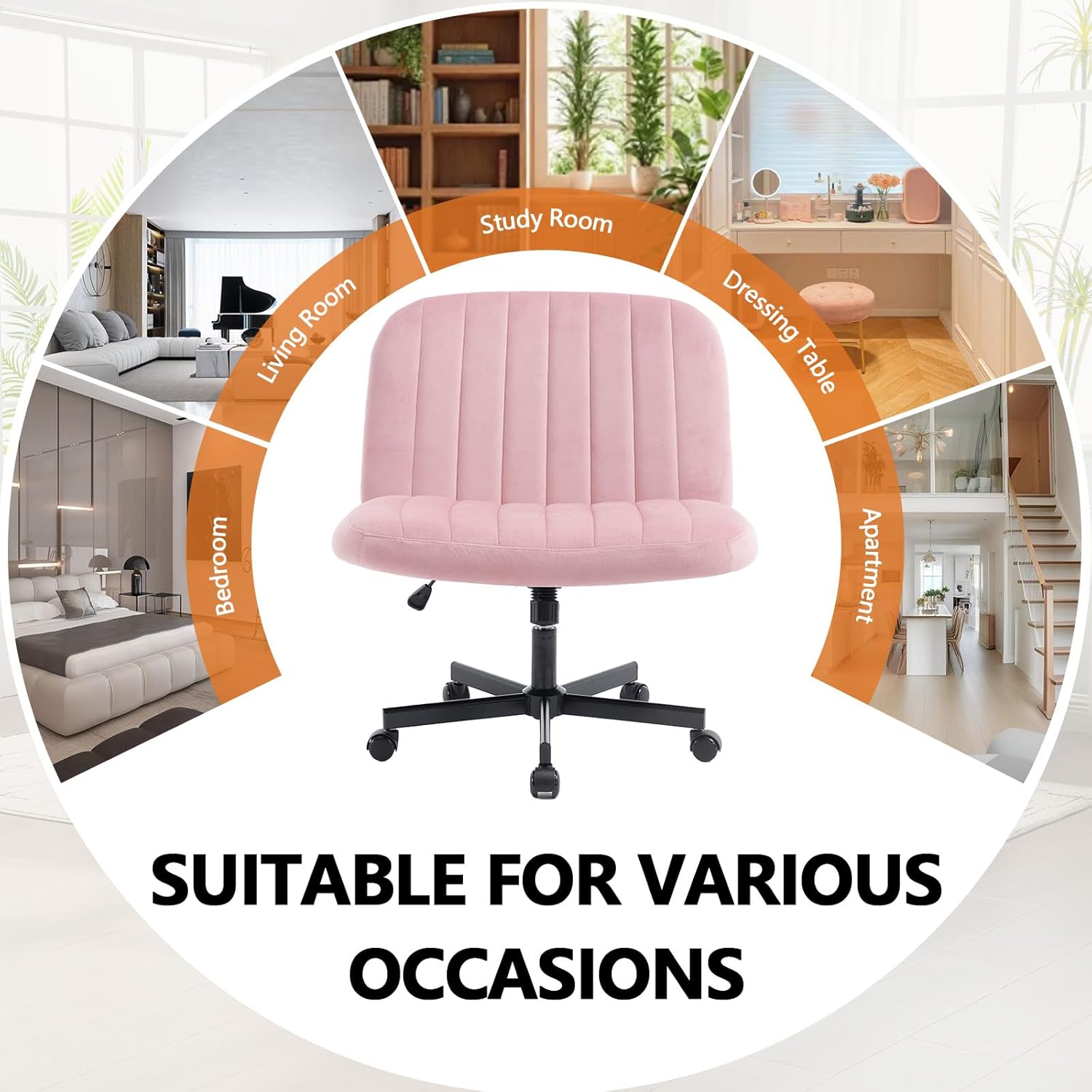Criss Cross Chair with Wheels, Vanity Chair with Adjustable Back/Hight & Wide Seat, Armless Cross Lgged Office Chairs for Vanity Home Office Computer, Velvet, Swivel, Easy Assembly (Pink)