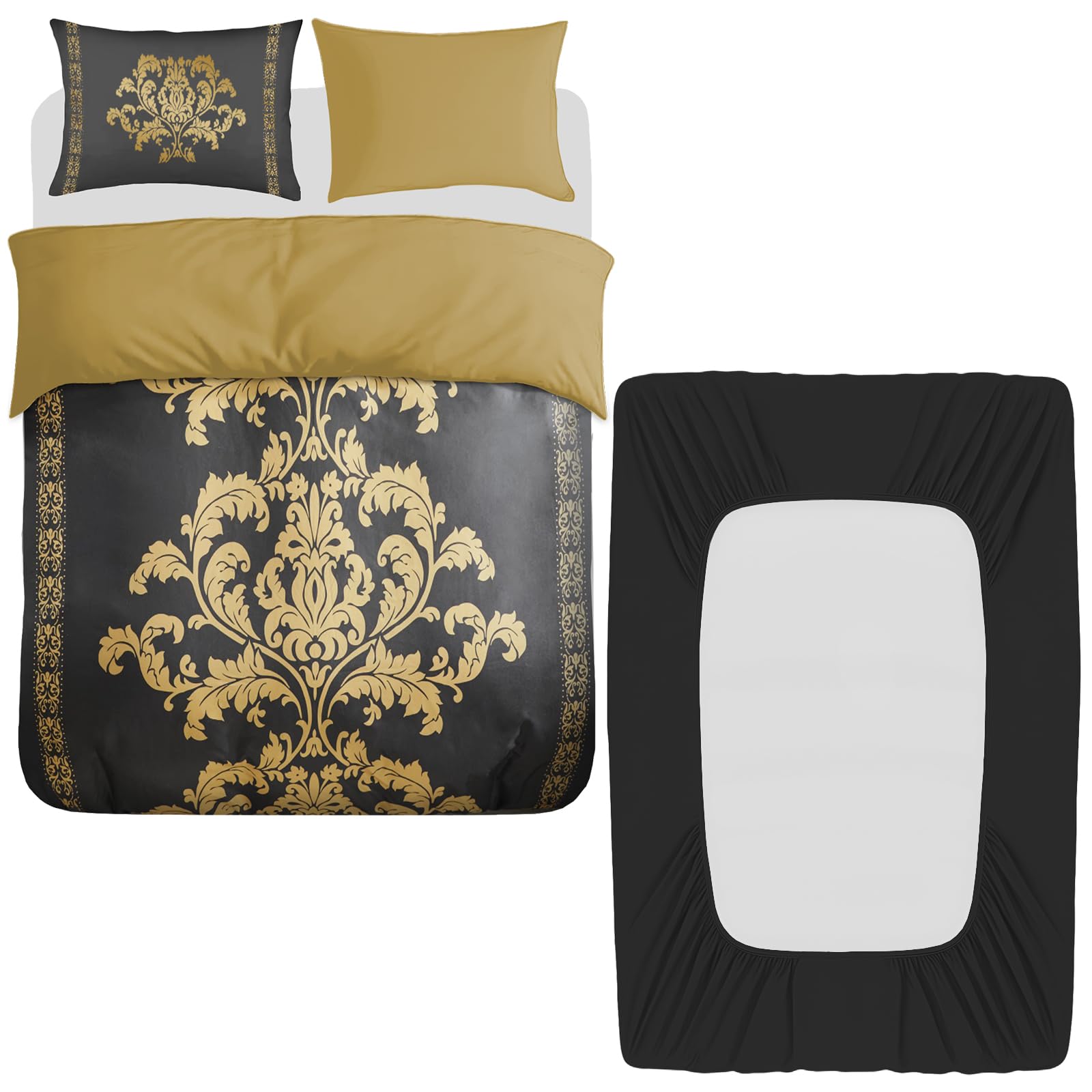 Lazzaro 4 Pcs Super King Duvet Set with Matching Black Super King Fitted Sheet 40 cm Extra Deep Pocket - Premium Microfibre Reversible Quilt Cover Bedding Set For All Seasons โ image 1
