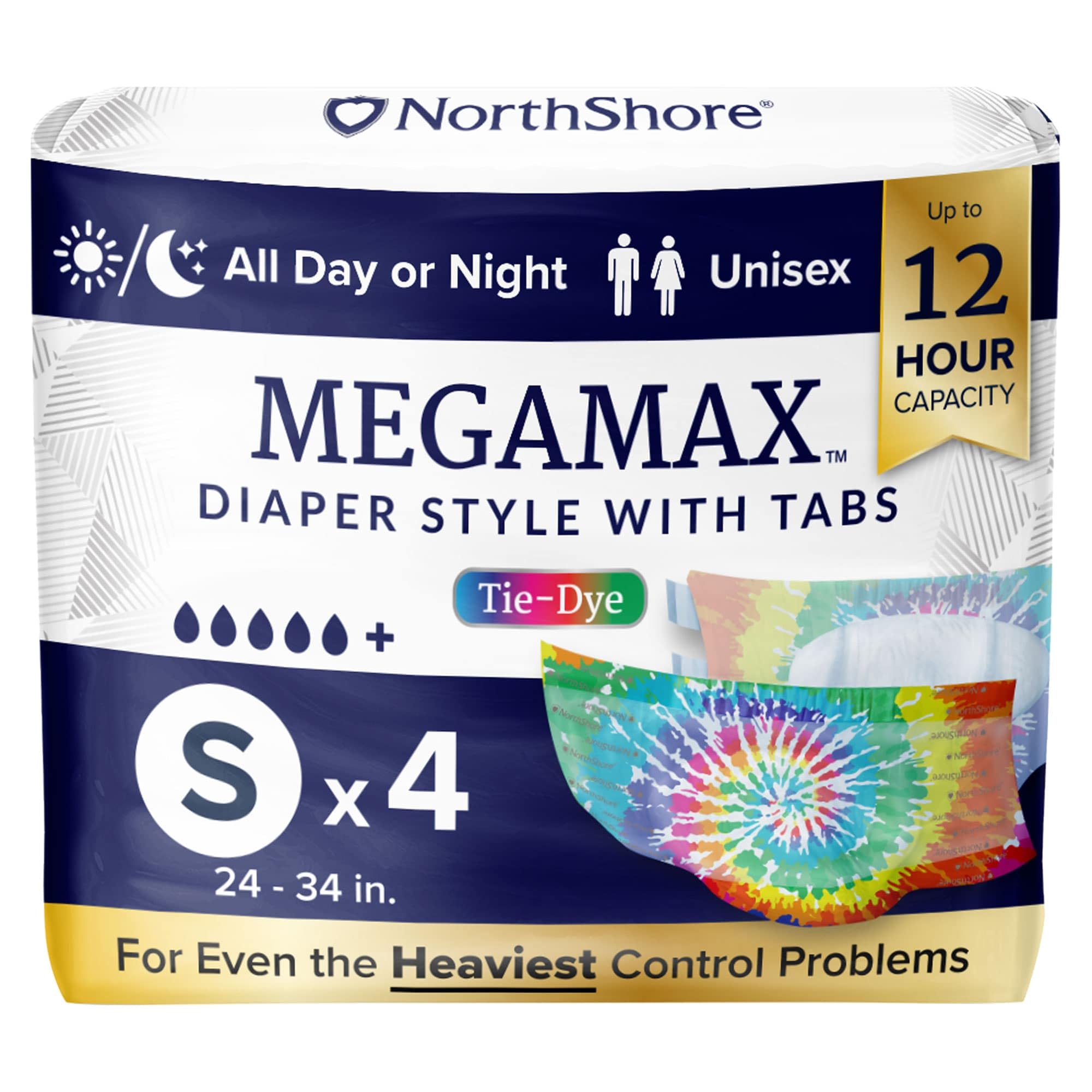 NorthShore MegaMax Adult Overnight Diapers, 12-Hour Tab-Style, Small, 4 Count Trial, Tie-Dye, 24-34 inches, Unisex Incontinence Underwear