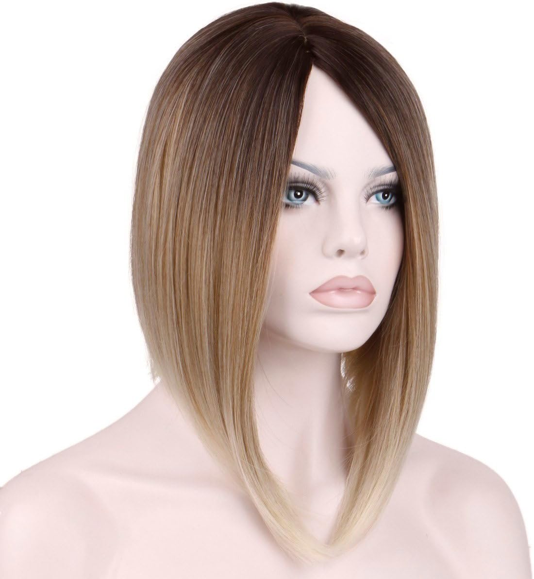 KeeWig Synthetic A-line Ombre Blonde Wig Long Bob Straight Light Chestnut Brown And Strawberry Blonde With Pale Blonde Tips CHRIS #8/27T613