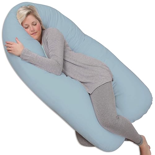 Leachco Back 'N Belly Bliss - Almohada corporal para embarazomaternidad con 100% algodón satinado, funda con cremallera de 300 hilos en azul frío,