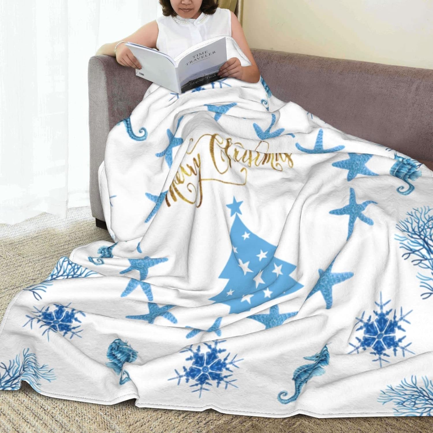 Merry Christmas Throw Blanket 60"X 50" Seahorse Snowflake Starfish Soft Warm Flannel Fleece Bed Blankets Gift for Adults