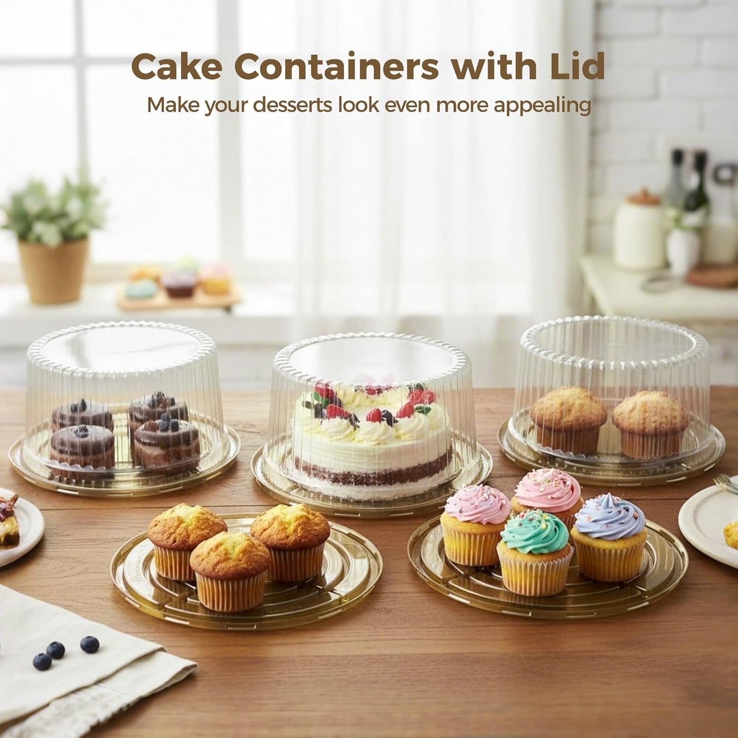 5 Sets Cake Containers with Lid, 11 Inch Plastic Disposable Cake Containers, Tall Dessert Carriers with High Transparent Lids and Golden Base, Ideal for Wedding, Birthday, Picnic & Bakery Display