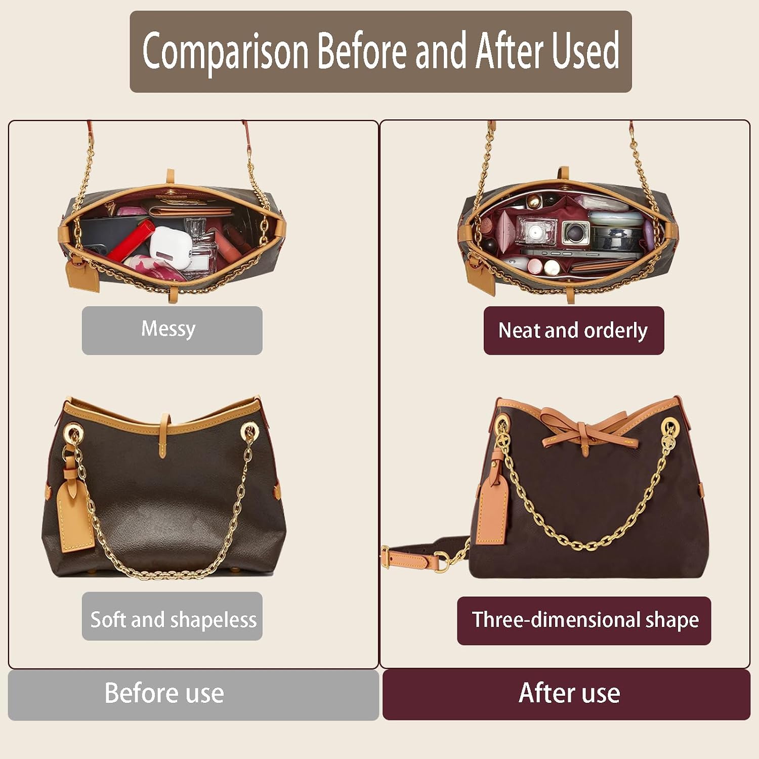 Purse Organizer Insert Compatible with Carryall BB, Ultra Lightweight Waterproof Bag Organizer with Multi Pockets, Shape Keeper Insert for Designer Tote Bags, Burgundy (Burgundy-BB)