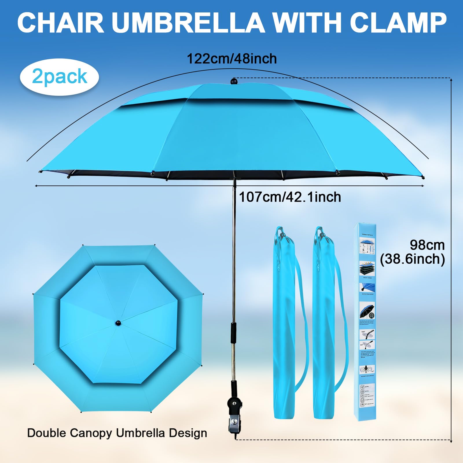 panthem 2er-Pack Sonnenschirm Strand für Stuhl mit Klemmhalterung, UPF 50+ 360° verstellbarer, kompakter Strandschirm für Strandstuhl, Liegestuhl, Campingstuhl, Rollstuhl, Kinderwagen, Reise