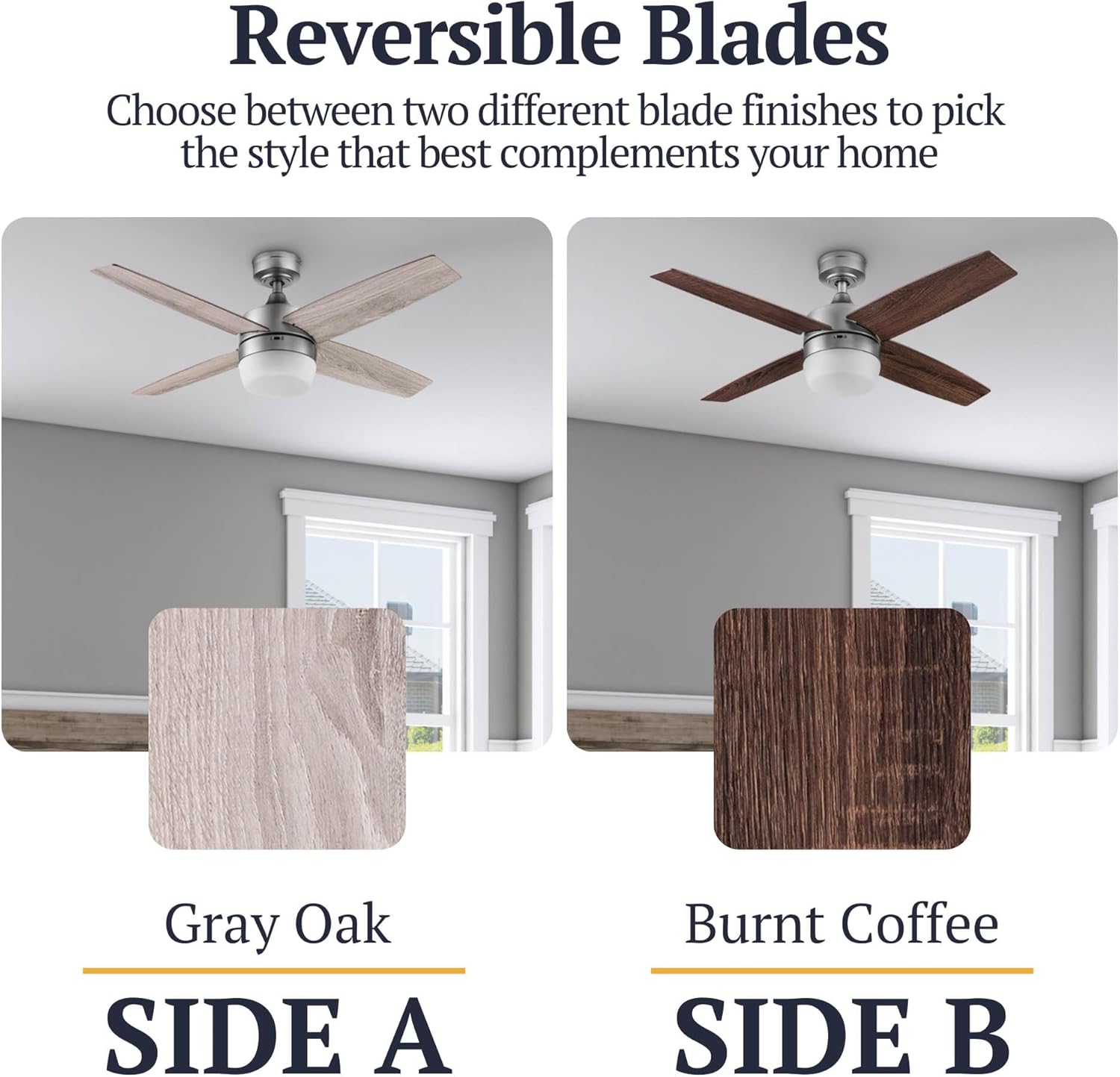 Prominence Home Atlas, 44 Inch Modern Indoor LED Ceiling Fan with Light and Remote Control, Dual Mounting Options, Dual Finish Blades, Reversible Motor - 51468-01 (Silver)