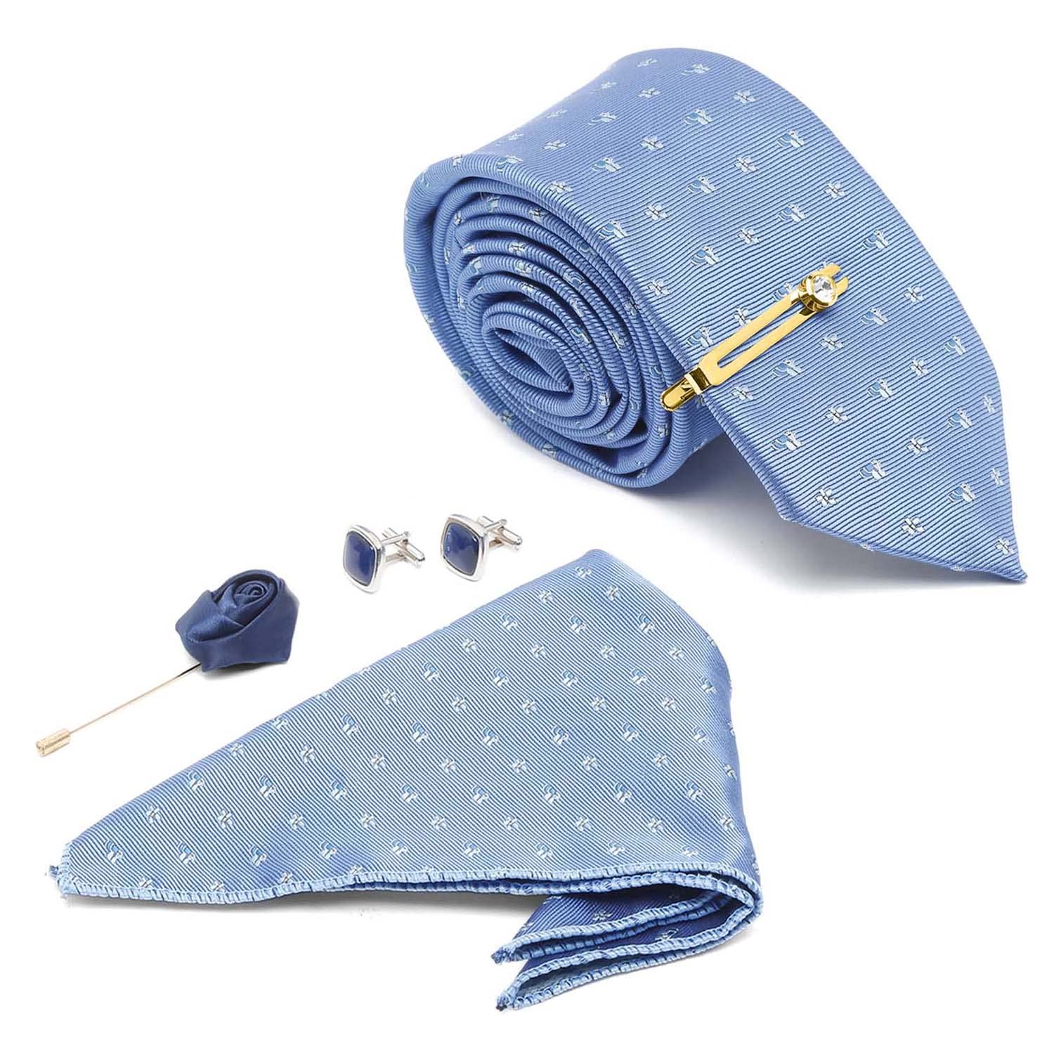 Mens Blue Silk Necktie Set Incl Pocket Square Cufflinks Golden Tiepin Brooch American Style Formal Tie Gift Set for Men (BUGP)-image-42