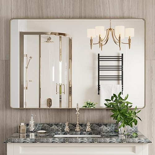 Miniatura 297 de Espejo de baño dorado, 48 x 30 pulgadas, espejo de marco de metal dorado cepillado para pared, espejo rectangular redondeado de tocador de baño