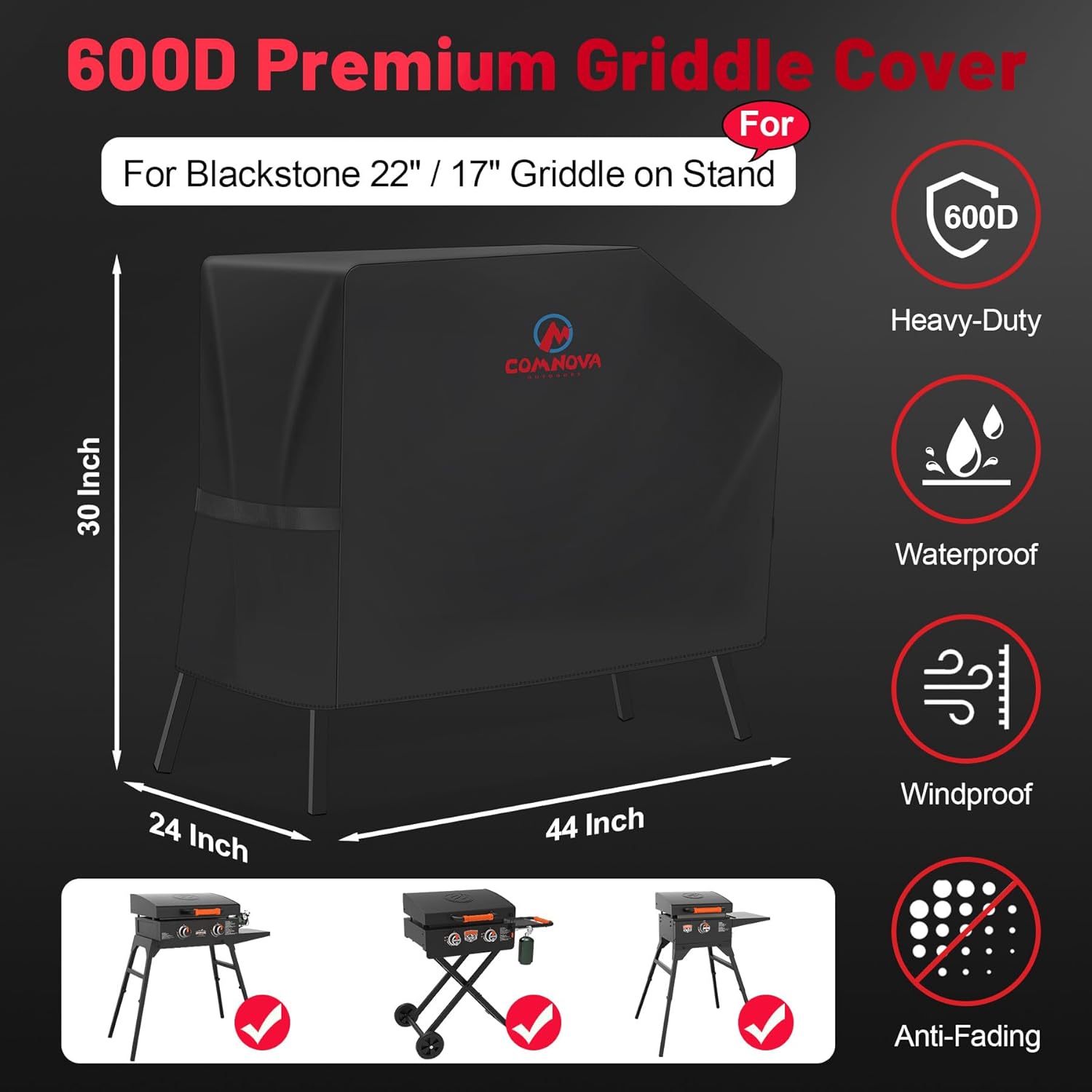 Comnova Griddle Cover for Blackstone 22 Inch 17 Inch Griddle with Hood and Stand - 600D Flat Top Grill Cover for Blackstone 22" 17" Griddle on Stand and 22" Adventure Ready, Heavy Duty & Waterproof