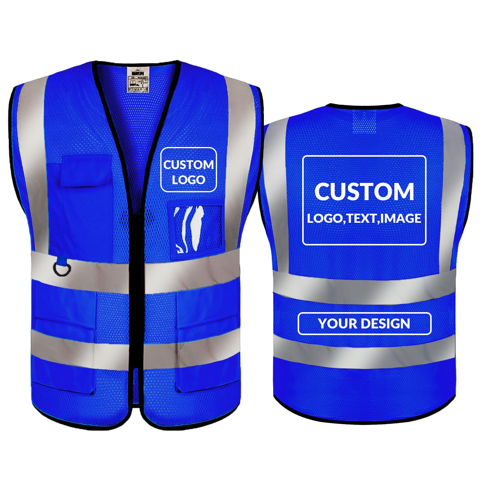 Personalised Hi Vis Vests, Customized Breathable High Visibility Protective Work Vests with 5 Multi Pockets (BlueMesh,S) — image 1