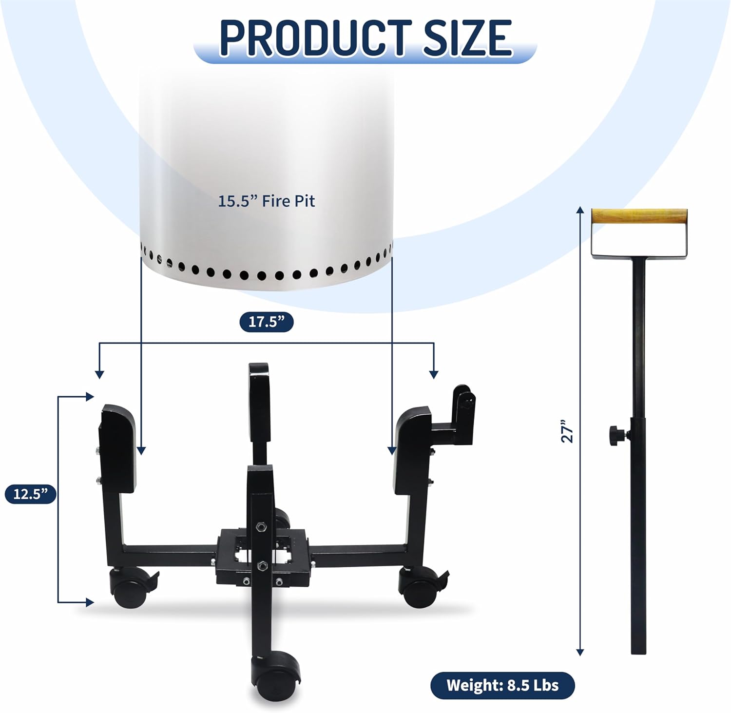 FEBTECH - 17.5" Portable Firepit Trolley Stand with Telescopic Handle – Firepit Stand for 15.5" Smokeless Firepit - Features Support Arm, Caster Wheels for Easy Mobility