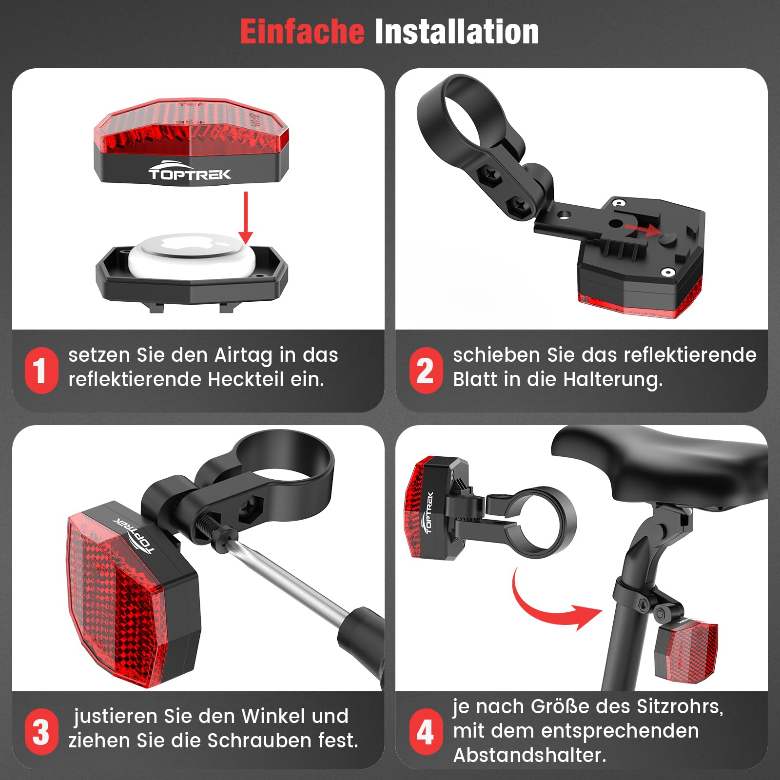 toptrek Airtag Fahrrad Versteck | Reflektoren Fahrrad Hinten StVZO Zertifiziert | Airtag Fahrradhalterung | Air Tag Halterung | Tracker Diebstahlschutz für MTB, E-Bike, Rennrad, E-Scooter