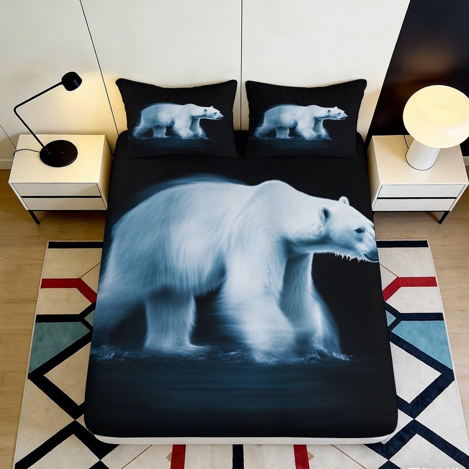 3D Printed Polar Bear Fitted Sheet Microfiber Soft Breathable Arctic Animal Bed Sheet for Bedroom Dorm Decor 90x200x25cm
