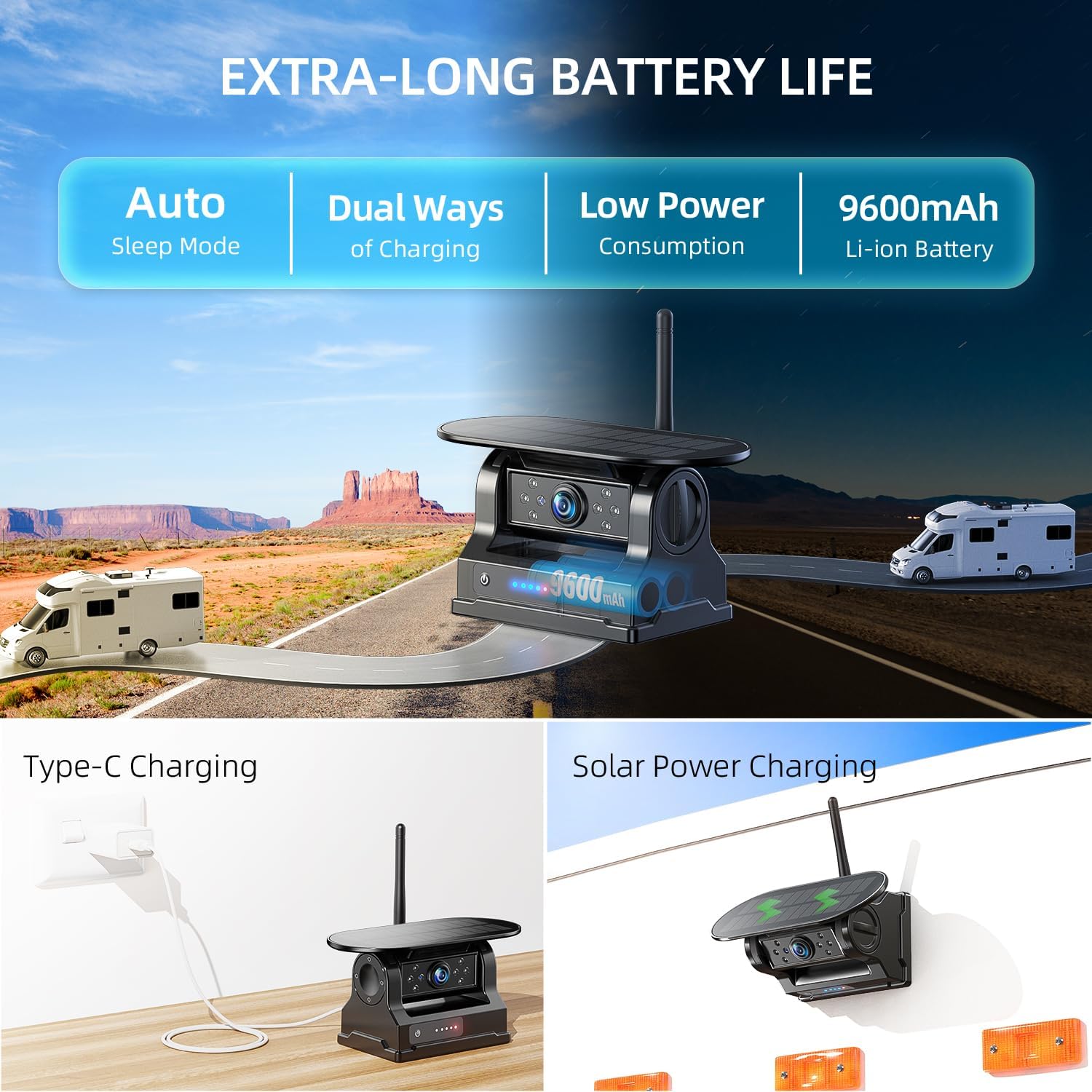 Dual charging methods for the camera: solar and Type-C